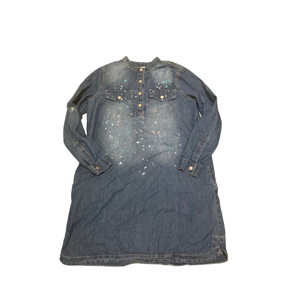 Calvin Kline Long Sleeve Shirt Dress Women's Size 16 Blue Splattered Paint Artsy